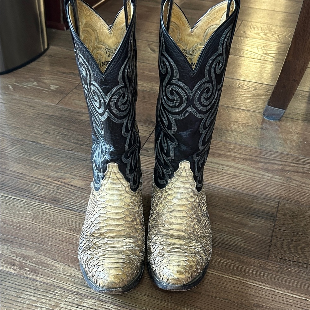 Tony Lama Black Shaft with Gold Snakeskin Toe Western Boots